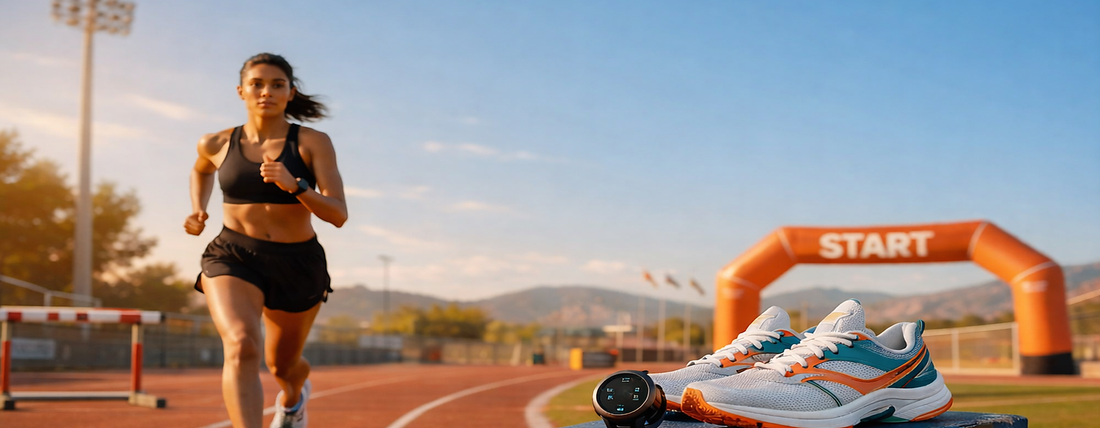 Coureuse sur une piste d'athlétisme à la lumière de fin de journée