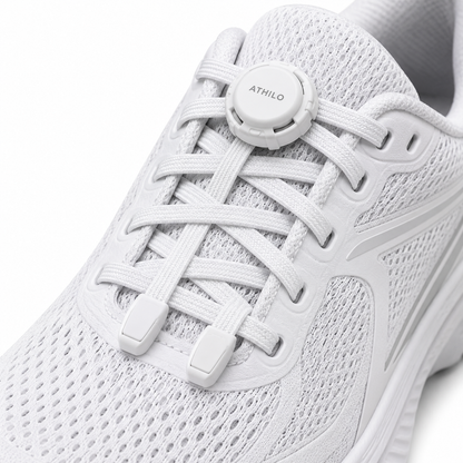 Détail système de verrouillage ATHILO LOCK blanc sur chaussure running
