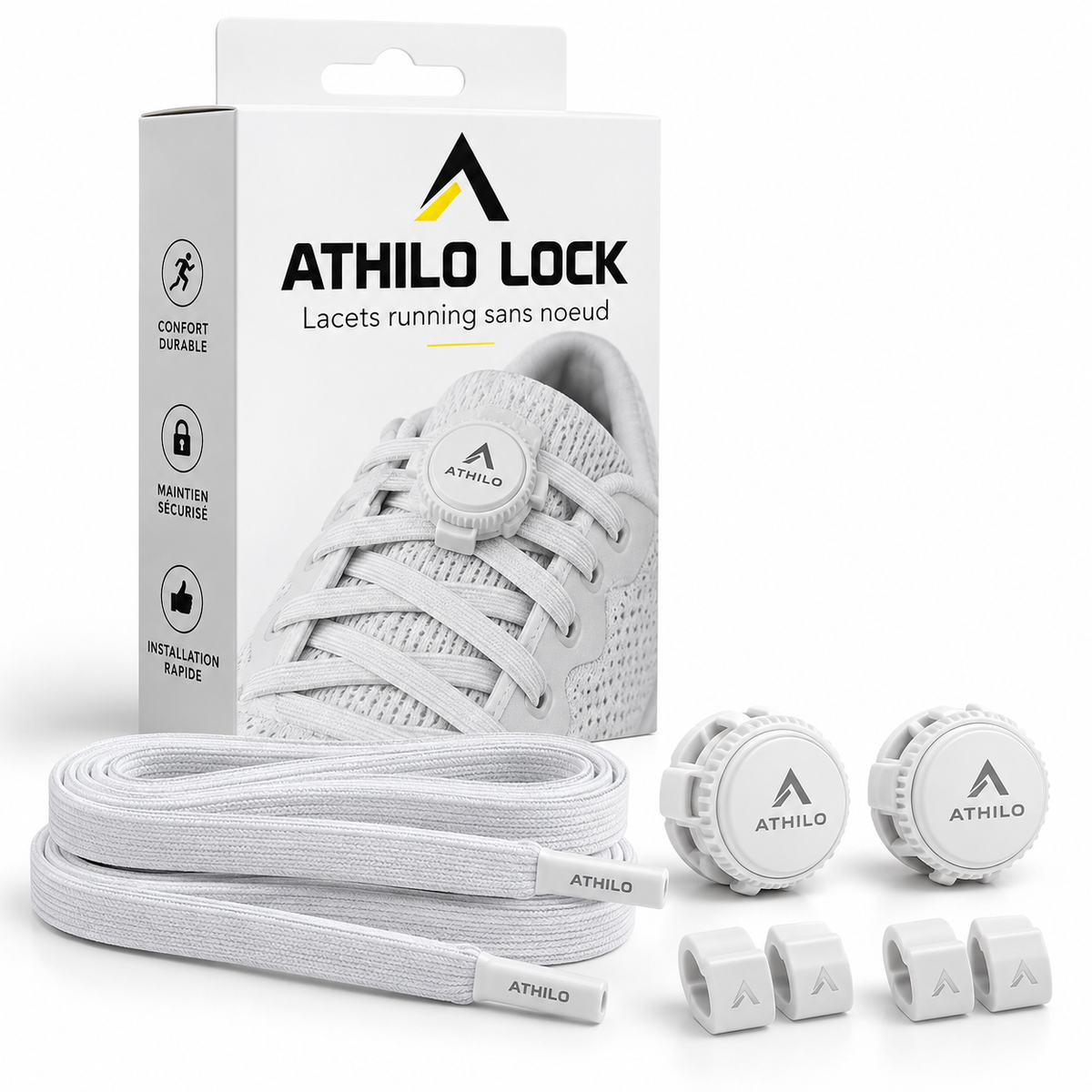 ATHILO LOCK lacets running sans noeud blancs avec packaging