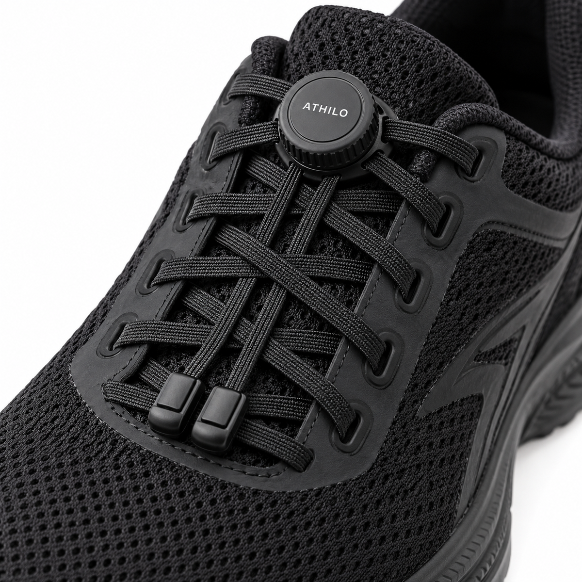Détail système de verrouillage ATHILO LOCK noir sur chaussure running