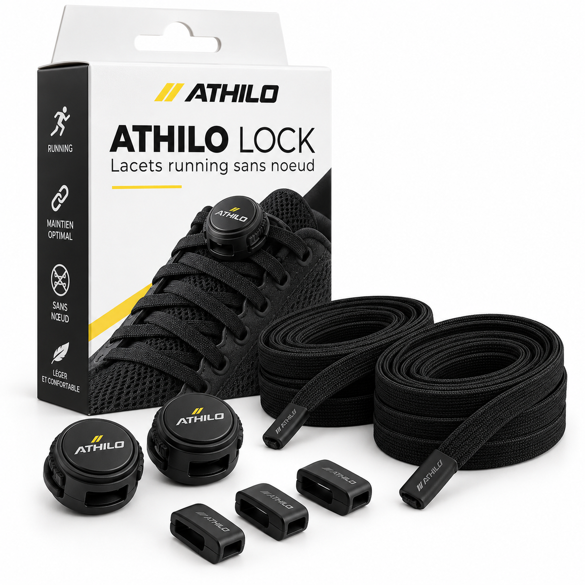 ATHILO LOCK lacets running sans noeud noirs avec packaging