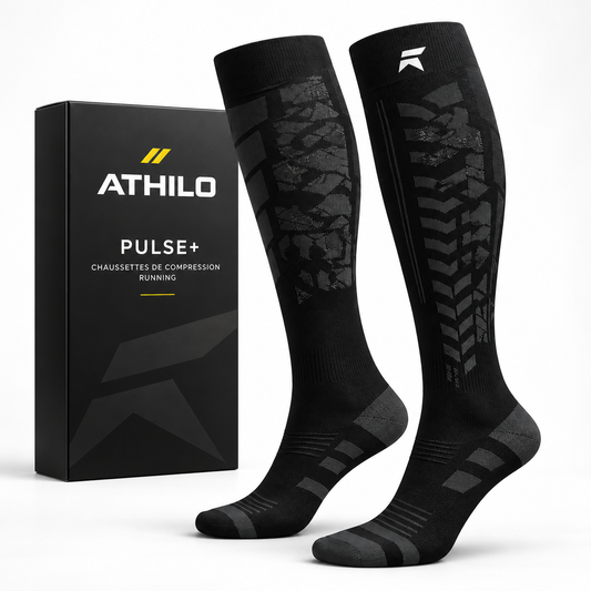 ATHILO PULSE+ chaussettes de compression running noires avec packaging ATHILO